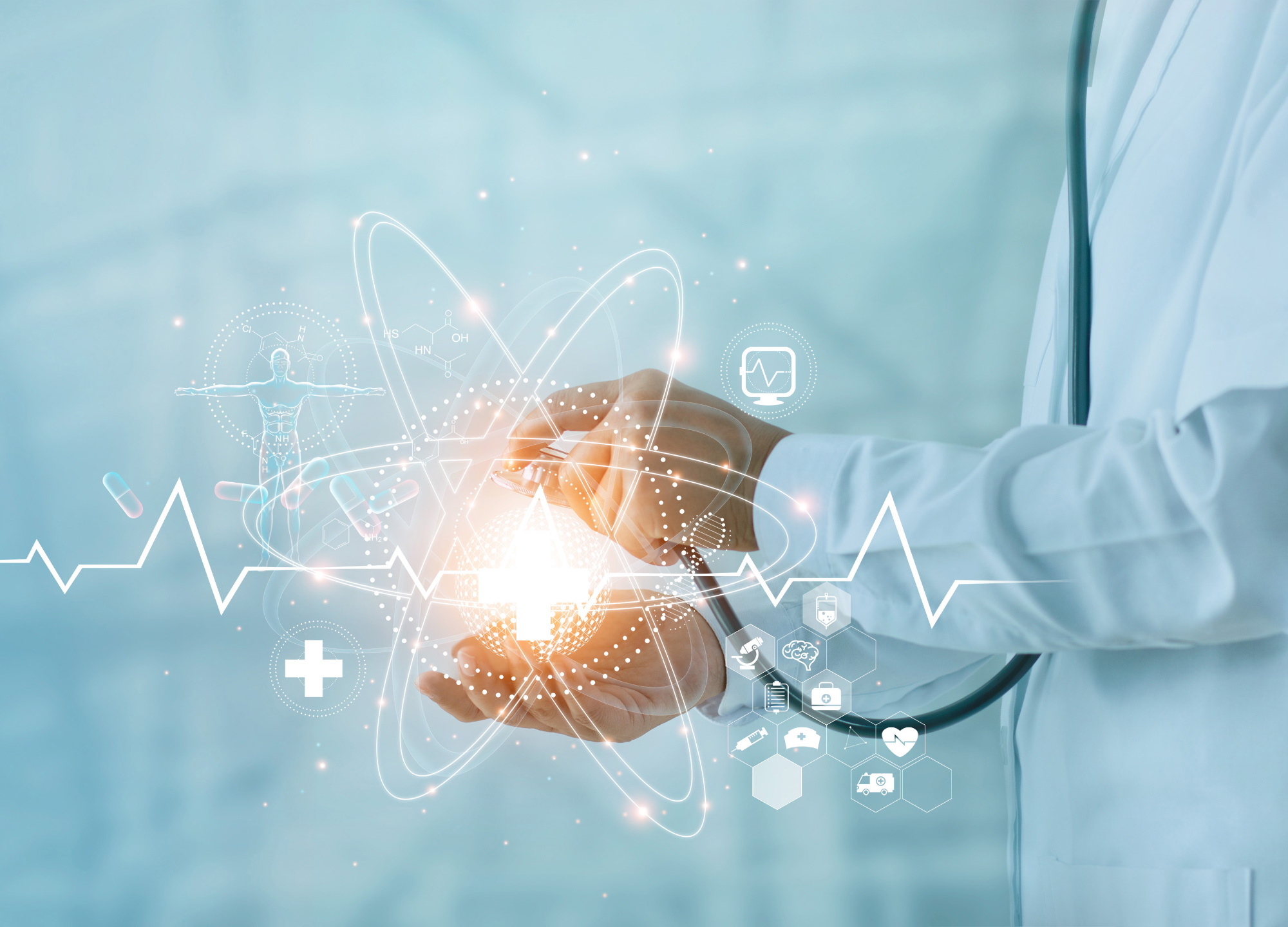 A doctor holding a glowing digital representation of an atom with various medical icons and a heartbeat line overlaying the image.