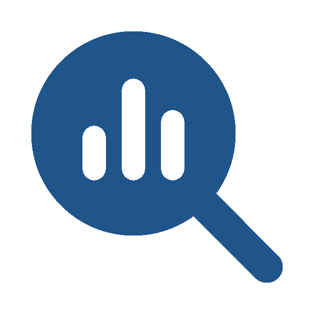blue magnifying glass with chart suprimposed over it icon