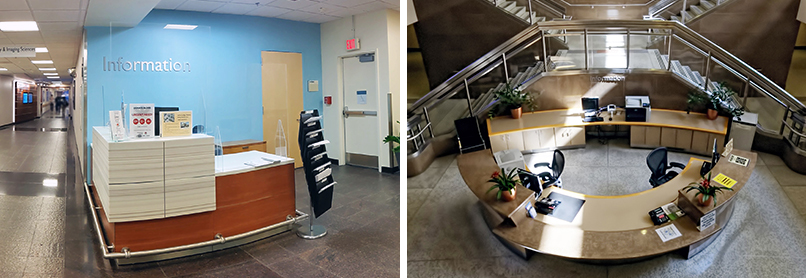 views of two different hospitality desks at the Clinical Center