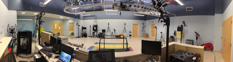 A panoramic view of the clinical movement analysis laboratory within the Neurorehabilitation and Biomechanics Research section.