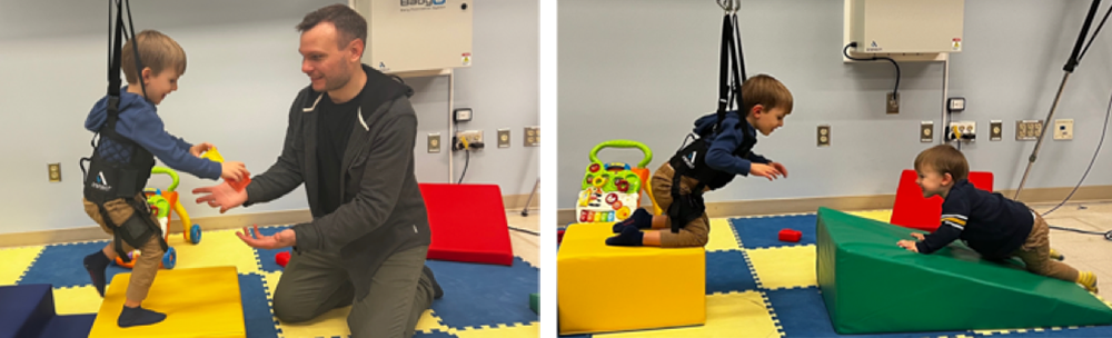 two images of the Upright Mobility in Infants with Cerebral Palsy Using a Robotic Unweighting System in use by a toddler