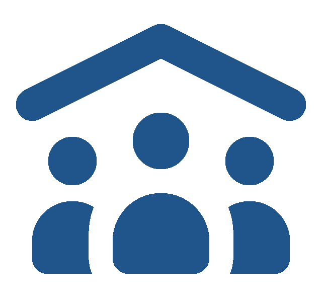 blue icon of a roof over three people