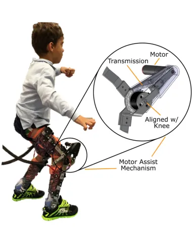 A participant walking with the powered exoskeleton for treatment of crouch gait.