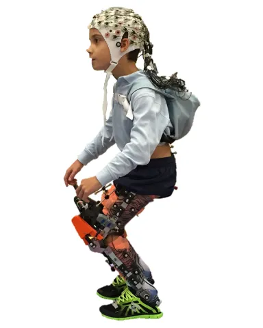 Example of collection of EEG, motion capture, and EMG muscle activity during use of the robotic exoskeleton.